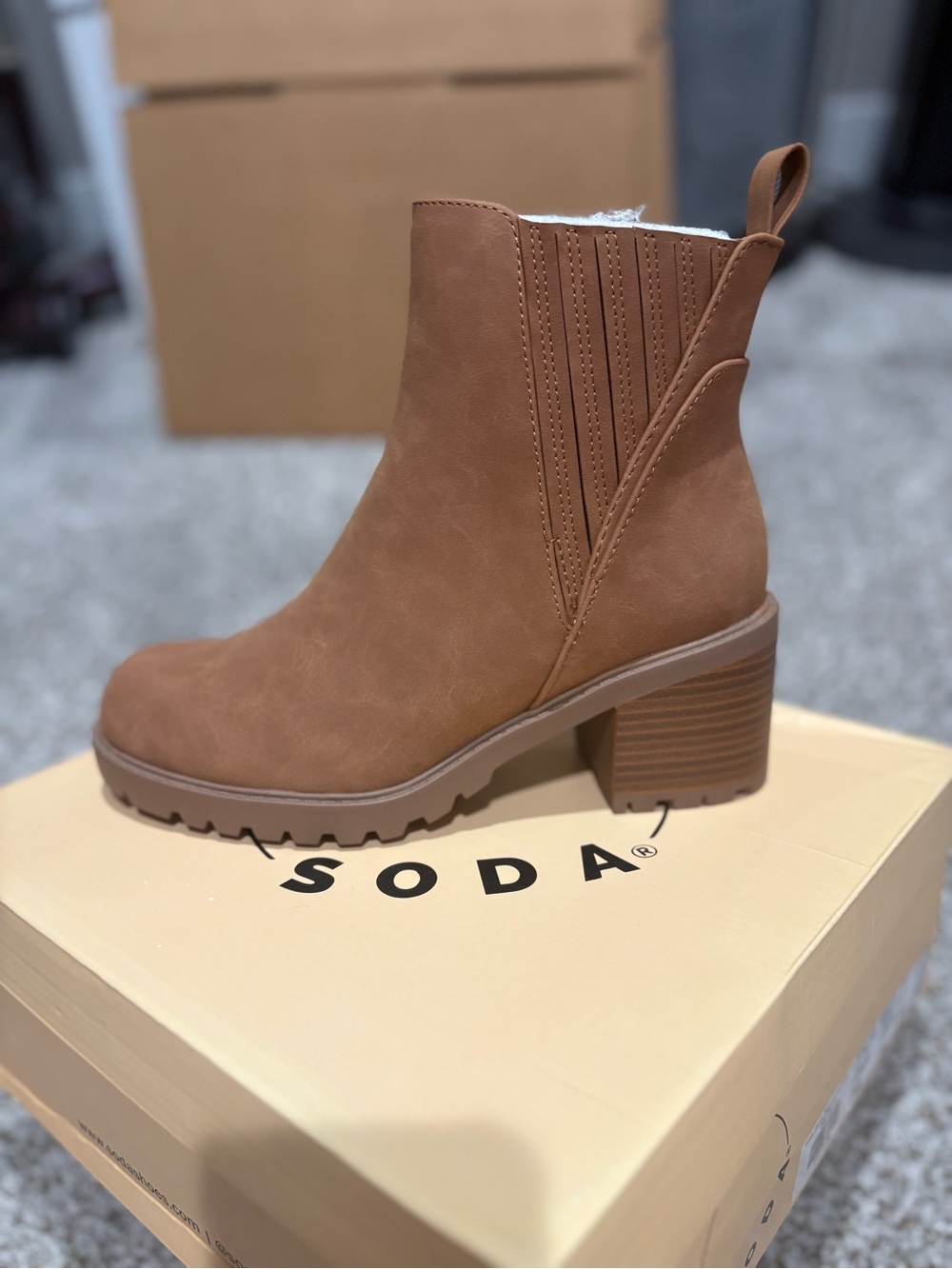 Soda Brown Chelsea Lug Heel Ankle Boot